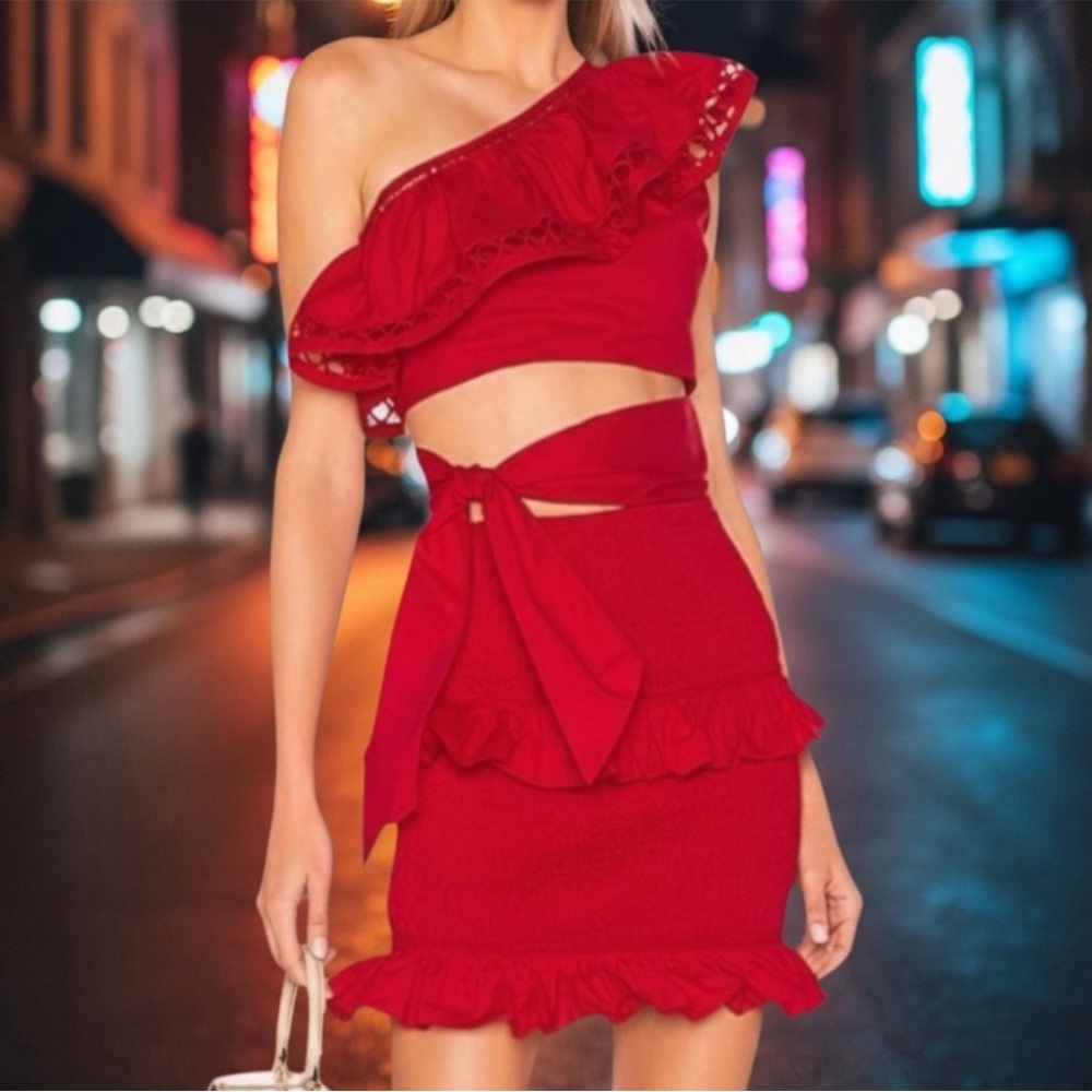 Lovers + Friends Red One-Shoulder Ruffle Cut-out mini dress